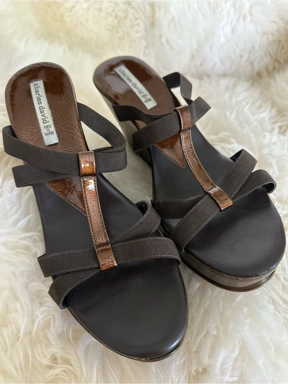 Charles David Italian Dark Brown T-Strap Platform Wedge Sandals